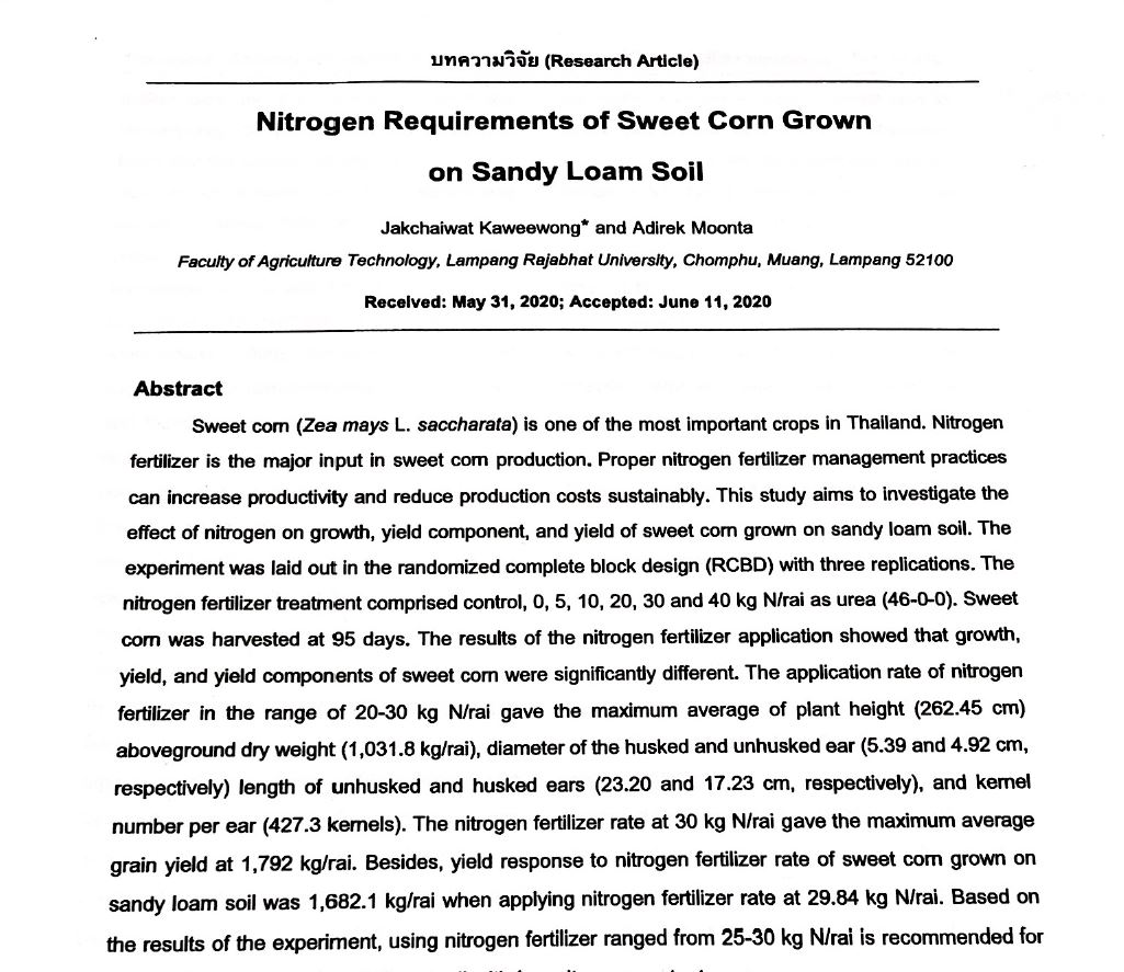 Nitrogen Requirements of sweet corn Grown on sandy loam soil