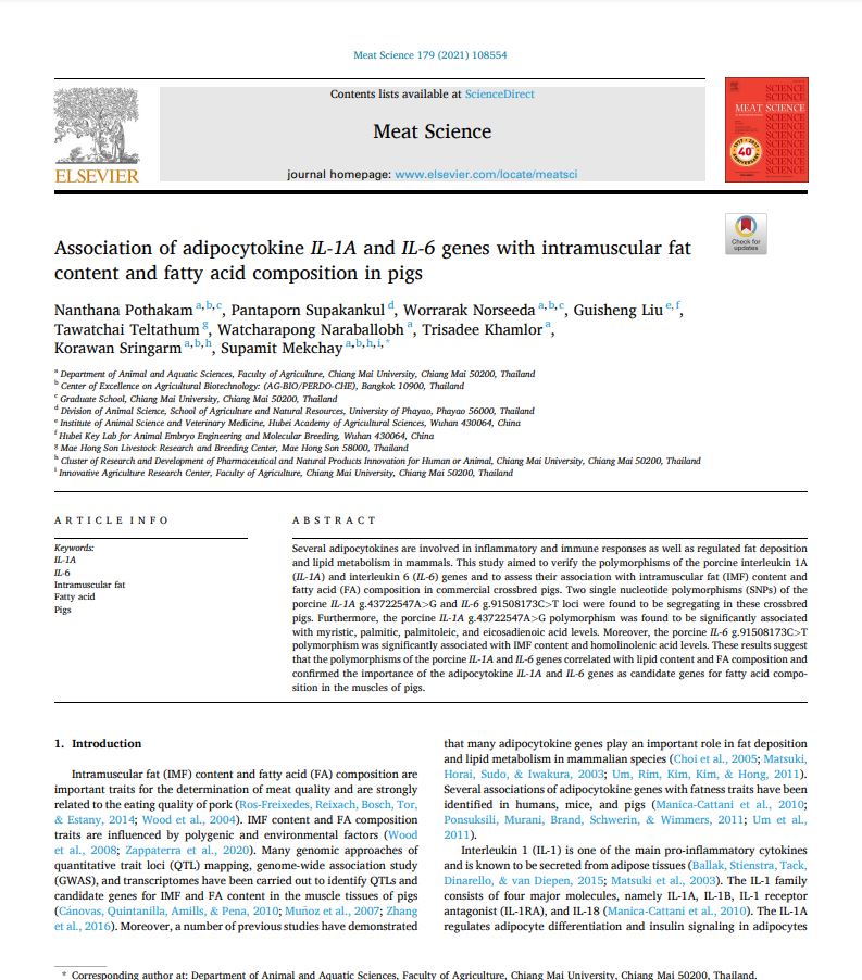 Association of adipocytokine IL-1A and IL-6 genes with intramuscular fat content and fatty acid composition in pigs
