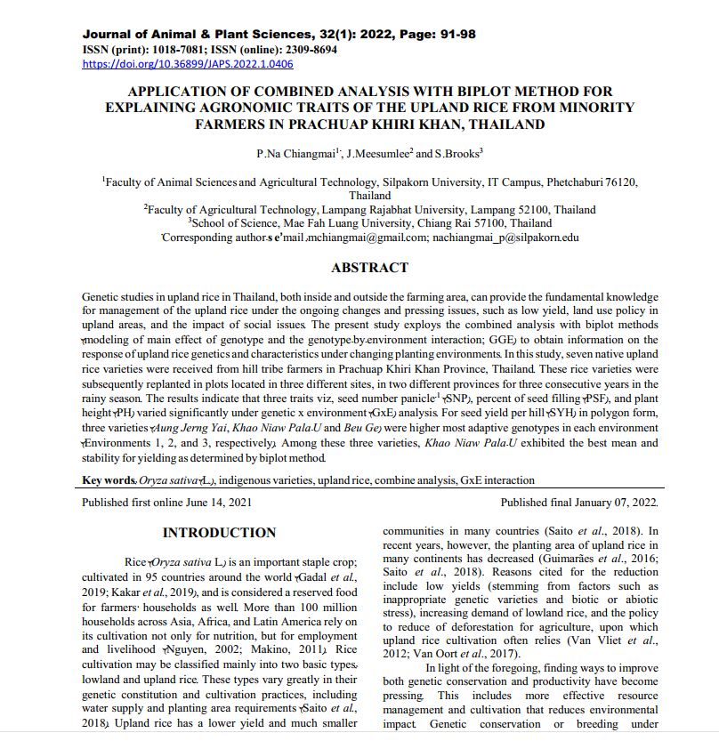 Application of combined analysis with biplot method for explaining agronomic traits of the upland rice from minority farmers in prachuap khiri khan, thailand