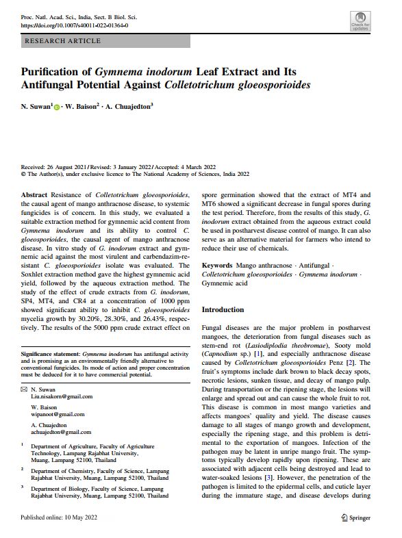 Purification of Gymnema inodorum Leaf Extract and Its Antifungal Potential Against Colletotrichum gloeosporioides