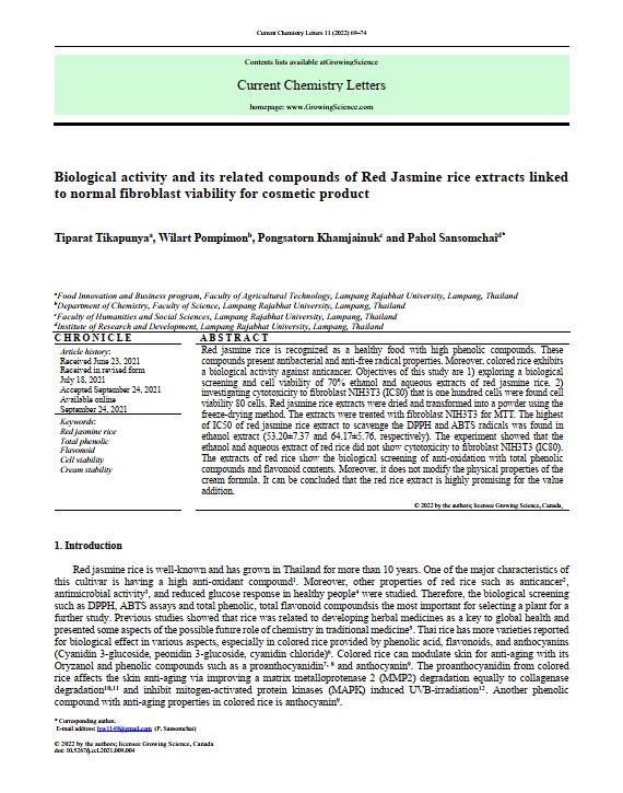 Biological activity and its related compounds of Red Jasmine rice extracts linked to normal fibroblast viability for cosmetic product