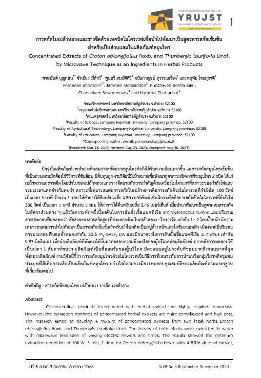 การสกัดใบเปล้าหลวงและรางจืดด้วยเทคนิคไมโครเวฟเพื่อนำไปพัฒนาเป็นสูตรสารสกัดเข้มข้น สำหรับเป็นส่วนผสมในผลิตภัณฑ์สมุนไพร