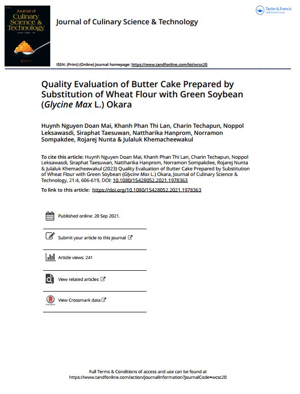 Quality Evaluation of Butter Cake Prepared by Substitution of Wheat Flour with Green Soybean (Glycine Max L.) Okara