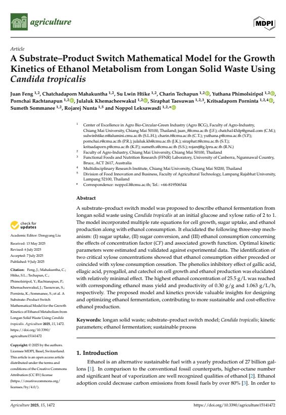 A Substrate–Product Switch Mathematical Model for the Growth Kinetics of Ethanol Metabolism from Longan Solid Waste Using Candida tropicalis