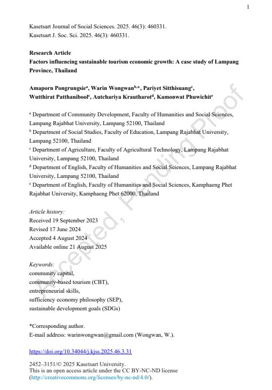 Factors in fluencing sustainable tourism economic growth : A case study of Lampang Province, Thailand
